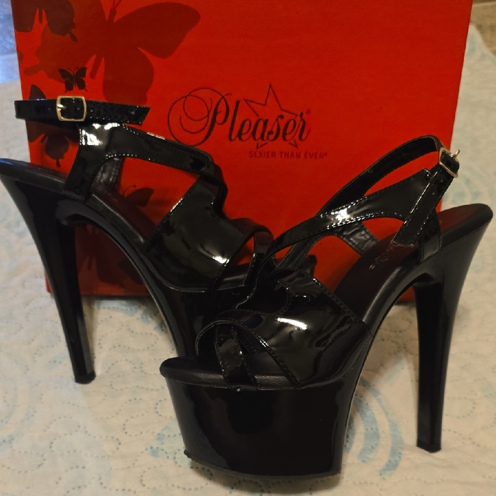 Pleaser Glossy Black Strappy Heels